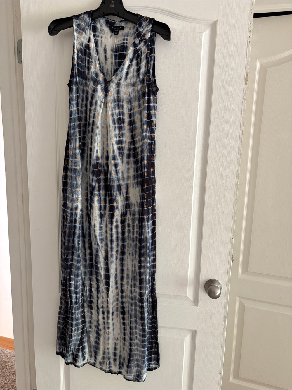 Tribal Navy, White and Gold Tie-Dye V-Neck Maxi Dress